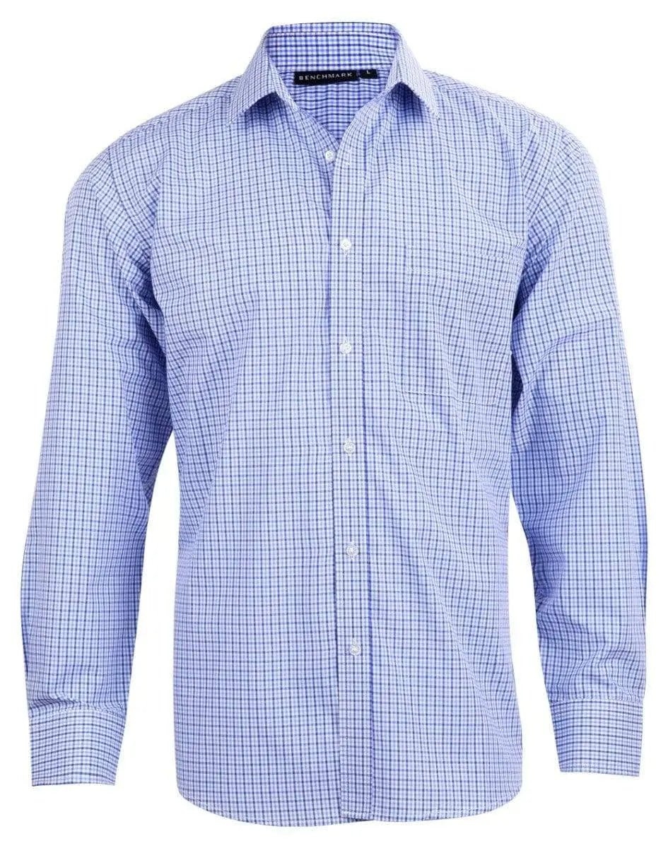 BENCHMARK Men’s Two Tone Gingham Long Sleeve Shirt M7320L Corporate Wear Benchmark Navy/White/Skyblue XS